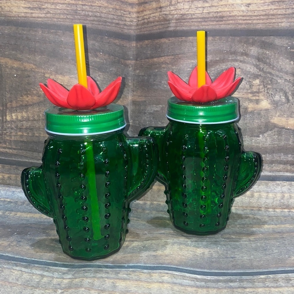 Cactus Blossom Cuties Green Drinking Glasses with Lids lot of 2